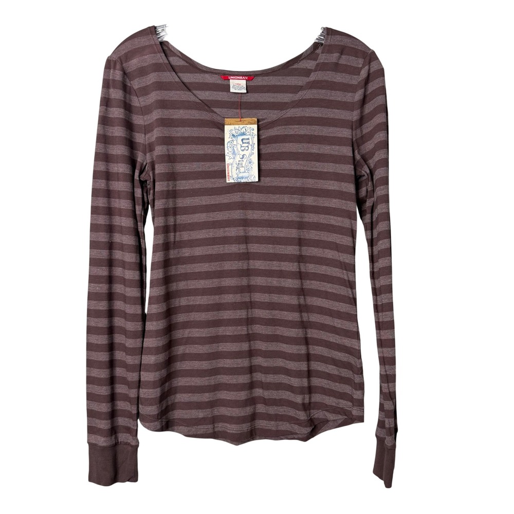 Unionbay Y2K Striped Long Sleeve Top Womens L Brown Ruched Layer Preppy 90s